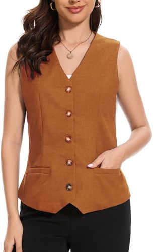 YOUNIFIZ Chaleco de lino para mujer, ligero, corto, cuello en V, bolsillo, botones, casual, sin mangas, chaleco de lino, caramelo, L