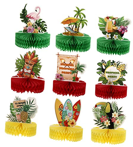 Lot de 9 Décoration de Table Hawaïenne - Centre de Table Nid d'Abeille Flamant Rose 7,5 Pouces - Accessoires de Fête Tropicale Luau pour Anniversaire, Été, Plage & Mariage