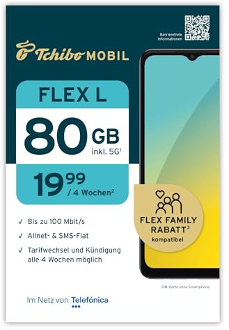 Tchibo MOBIL Flex L SIM-Karte | 80 GB Datenvolumen + Allnet- & SMS-Flat | Surfen mit LTE/5G | Nur 19,99 € alle 4 Wochen | Ohne Lange Vertragsbindung | EU-weites Roaming