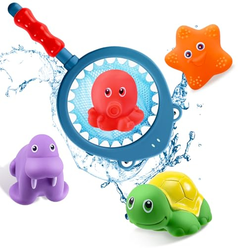 Acsatont Sin Agujeros - Juguetes de baño, 7 Piezas Bañera Flotante Juguetes para Bebe, Juguetes de Bañera de Red de Pesca, Simpáticos Animales para Niños Pequeños de 3 4 5 6 Años (Color Claro)