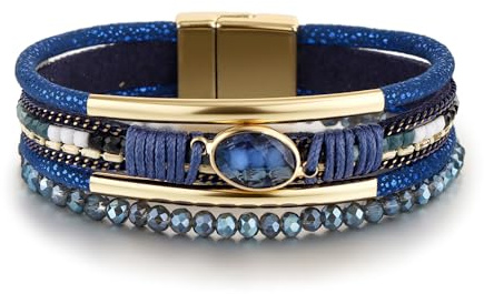 Edoneery Mothers Day Gifts for Mom Leather Wrap Bracelet for Women, Boho Handmade Multi-Layer Cuff with Crystal Beads Heart, Stackable Bangle Western Jewelry Gift(Crystal(Blue))