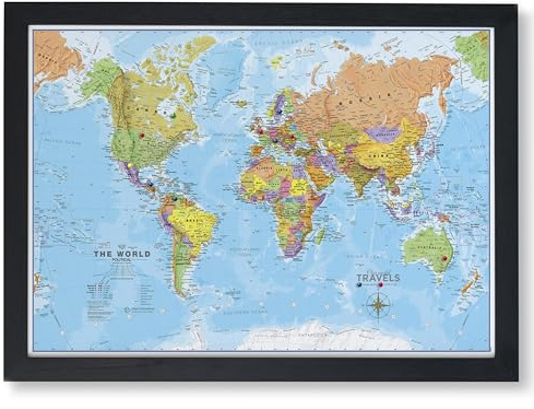 Inramad Push Pin World Travel Map - Canvas Pin Board Svart Ram med 100 Stift - Resekarta Anslagstavla Present - Kartor Internationell
