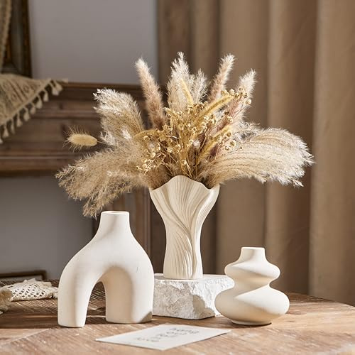 Keramik Vasen 3er-Set, Boho Kleine Vasen für Pampasgras, Moderne Rustikale Bauernhaus Home Decor, Blumenvase Skandinavisch Deko für Wohnzimmer, Hochzeit, Schlafzimmer, Tisch, Regal