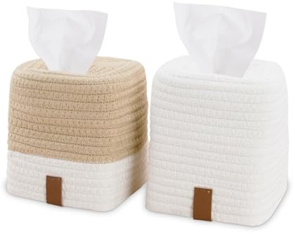 2 Stück Taschentuchbox Baumwolle, Quadratisch Kosmetiktücher Box Taschentuchspender, Tissue Box Tücherbox Papiertaschentuchhalter für Esszimmer Badezimmer Schlafzimmer Auto Büro(15 * 14 * 14cm)