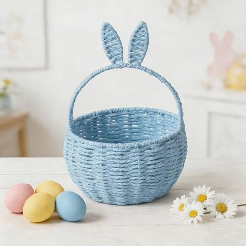 Handgewebter Hasen-Osterkorb mit abnehmbaren Ohren und Namensschild, personalisierter Baumwollseilkorb für Kinder, Eiersuche, Partygeschenke, Kindergarten-Aufbewahrung und Ostergeschenke (blau)