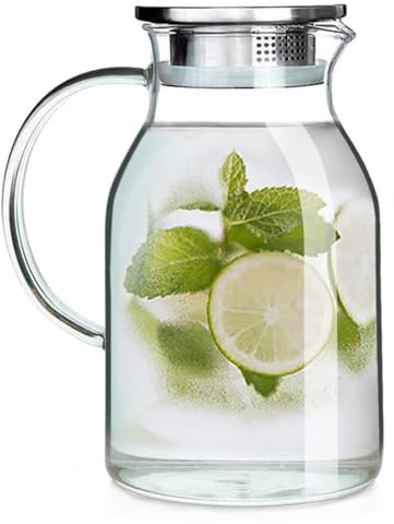 sengcengs 2000 ml Saftkrug, Wasserkrug aus Borosilikatglas, Teekanne mit Deckel, Griffen, 2 Ausgussöffnungen mit Sieb, Leicht zu Reinigender Wasserkrug, Milchkrug, für Hausgemachte Getränke