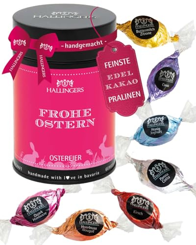 Hallingers Genuss Manufaktur Pralinen-Osterei Oster-Geschenk - ohne Alkohol, handmade aus Edelkakao in wertiger Geschenkdose Frohe Ostern - ..., Ostern Körbchen für Frauen Männer