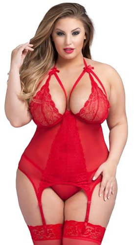 Lovehoney Lingerie Wild Romance Lace Basque Set - Halter Neck Underwired Basque with Suspenders Womens Lingerie Set - Matching G-String - One Size: 8-16