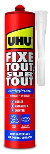 UHU Fixe tout sur tout original- Colle de fixation pour coller, assembler et jointer, technologie SMP polymer, sans solvants, blanche, cartouche 300 g