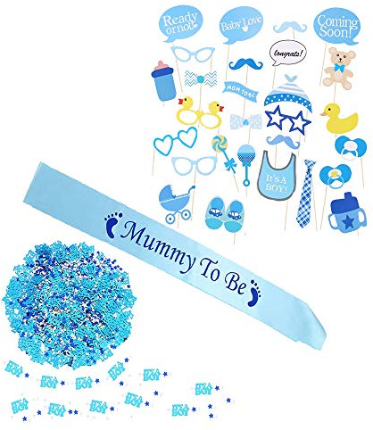 VEYLIN Boy Baby Photo Booth Props Mummy to Be Sash It’s A Boy Confetti for Baby Shower Christening Decorations (Blue)