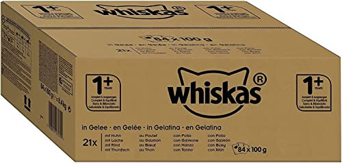 Whiskas 1+ Katzennassfutter – Geflügel Auswahl in Gelee – Hochwertiges Feuchtfutter für ausgewachsene Katzen im Portionsbeutel – Katzenfutter – Großpackung (84 x 100g)