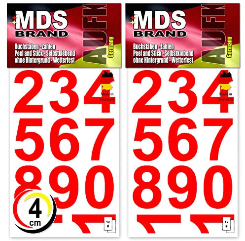 MDS Brand 4cm Zahlen Aufkleber Rot | Selbstklebende Klebezahlen | Vinyl Hausnummern zum Aufkleben für Briefkasten, Mülltonnen, Hausnummer für Außen & Innen Peel (4cm, Rot)