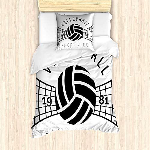 ABAKUHAUS Volleyball Bettbezug Set für Einzelbetten, Monotone 1981 Sport Club, Milbensicher Allergiker geeignet mit Kissenbezug, 135 cm x 200 cm - 80 x 80 cm,Charcoal Grau und Weiß