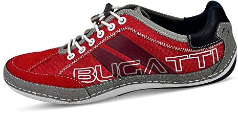 bugatti herr Casual sneakers med flexibel sula, snörskor med memory foam, elastiska skosnören, Röd, 46 EU