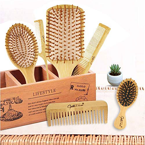 Queta 6 PCS Ensemble de Brosse à Cheveux en Bambou Massage Peigne Manche en bambou Peigne à Queue Peigne à Dents Peigne à Double Tête Peigne à Coussin
