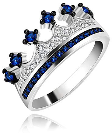 Uloveido Silver Color Blue Cubic Zirconia Princess Crown Tiara CZ Band Ring Wedding Promise for Bridal Bridesmaid (Blue, size 10)