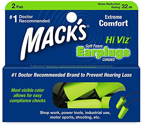 Mack’s Hi Viz Soft Foam Earplugs, 2 Pair – Most Visible Color, Easy Compliance Checks, 32dB High NRR – Comfortable, Safe Ear Plugs for Shop Work, Industrial Use, Motor Sports and Shooting