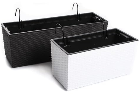 R.G. Blumenkasten Blumenkasten mit Halterung & Einsatz Balkonkasten Geländerkasten Geländertopf DRCW Rattan Optik mit Halterungen (580 Anthrazit)