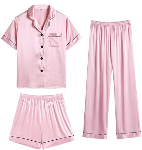 SWOMOG Damen Pyjama Set aus Seidensatin 3-teilig Button Down Pyjama Set kurzärmelig Nachtwäsche Loungewear Pyjamas Nachtwäsche Rosa Large