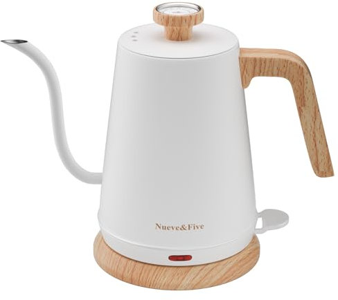 Nueve&Five Gooseneck Electric Kettle with Thermometer,Electric Tea Kettle 1L with Auto Shut-Off,1000W Hot Water Kettle of Stainless Steel for Coffee & Tea -White