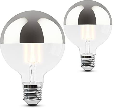 SSC-LUXon SINO Kopfspiegellampe 2er Set E27 LED warmweiß 2700K Globe G95 | Zwei blendfreie Filament-Birnen mit Spiegelkuppe - warmes Licht 2700K, E27-Sockel für Pendel-, Tisch- & Stehlampen