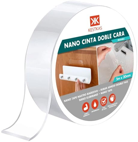 KESTKAS Cinta de Doble Cara Extrafuerte 30mm x 5m - Cinta Adhesiva Doble Cara Extrafuerte | Lavable | Multifuncional | Sin Residuos | Nano Tape manualidades.