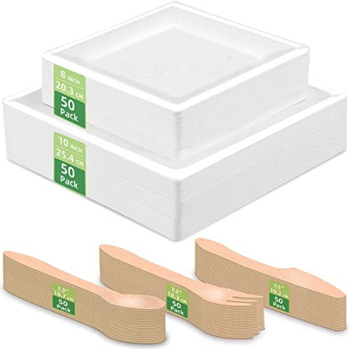 HOMURG ensemble assiette carrée carton solide luxe pour anniversaire mariage, assiettes papier carré et couverts kit jetables, service vaisselle de table complet 250 pièces noël restauration lot de 50