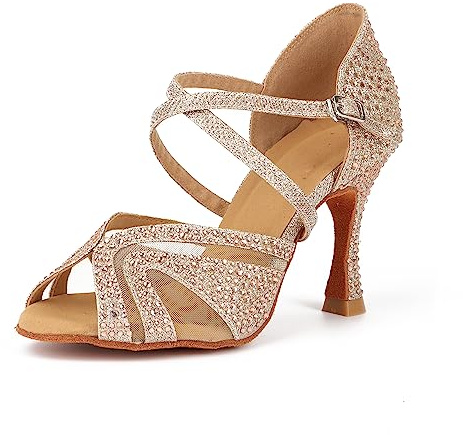 Syrads Chaussures de Danse Femmes Latine Salsa Tango Valse Bachata Moderne Chaussures Danse De Salon avec des Strass,Or 9cm Heel,38 EU