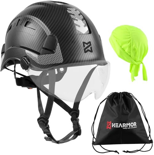 HEARMOR bauhelm mit Visier bauhelme Erwachsene ABS schutzhelm Bergsteiger Helm arbeitshelm Herren EN397 und EN12492 Stoßdämpfung Eindringfestigkeit Angefügt Visiere in transparent oder Smoke