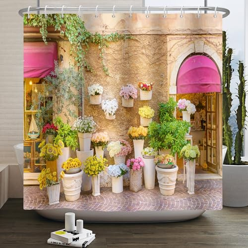 SDOTPMT 180x243cm Italian View of Stonewall House Flowerpot Doccia Tenda,Town Fiorista Batutub Tenda Esterna, Foglie Romantiche Tende Floreali da Bagno per Bagno Vasca da bagno con Ganci