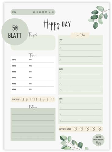 A5 Tagesplaner Block | Daily Planner | TO-DO-Liste | Zeitplan | Prios | Tages-Highligt | Organisation Aufgaben (DIN A5, Grün Eucalyptus)
