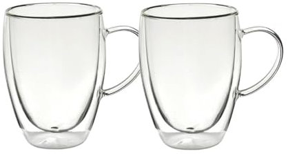 Straame Set of Coffee Glasses, Temperature Resistant Coffee Cups, Stylish Tea and Coffee Pack of Clear Coffee Mugs with Square Handle (350 ml Double Walled 4PK)