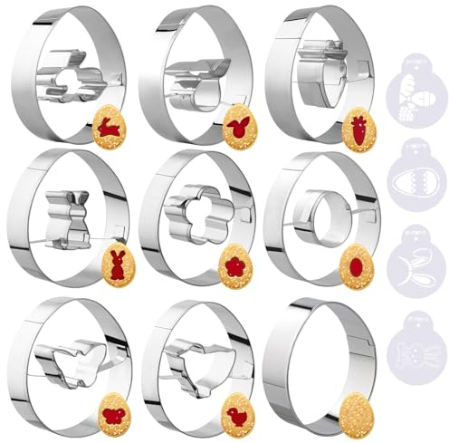 Simpeak Ausstechformen, 9 PCS Plätzchen Ausstecher con 4 Zeichenvorlagen, Ostern Element Hase Karotte Blume Hühnerei Schmetterling, DIY Backschablonen Plätzchen Ausstecher für Party Backen Deko