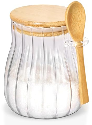 Quald Contenedor de azúcar con tapa de bambú y cuchara, tarro de vidrio de 600 ml para accesorios de cafetería, recipiente de café, decoración de cocina (grande)