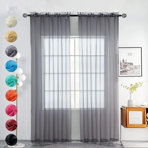 Youleyar 2 Set Sheer Transparente Gardine aus Voile Polyester Stab-Taschenfenster Transparent Vorhänge Wohnzimmer Dekoration für Schlafzimmer W140 X H145 cm Grau