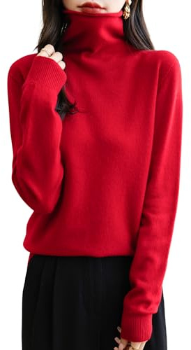 Chanyarn Maglione da Donna in 100% Lana Merino Leggero Collo Alto Lavorato a Maglia Senza Cuciture a Maniche Lunghe Tops (Red,XL)