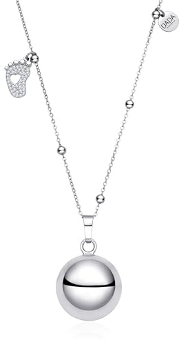 Dada Gioielli - Collier d'Appel des Anges de Grossesse pour Femme, Clochette Sonore Porte-Bonheur pour Protéger Maman et Bébé, Orné de Zircons (Petit pied avec 1 cœur,Sphère en acier inoxydable)