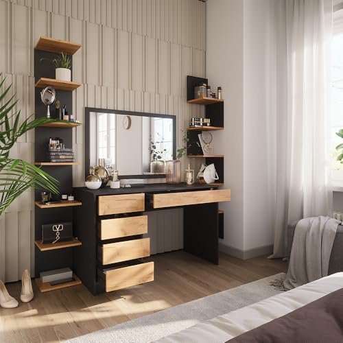 Vicco Schminktisch Sherry, Anthrazit/Goldkraft Eiche, 120 x 75 cm | ohne Spiegel, 5 Schubladen für unterschiedliche Aufbewahrungsbedürfnisse
