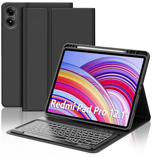 JADEMALL Coque Clavier pour Redmi Pad Pro 12.1 2024, AZERTY Français Clavier Rétroéclairé Bluetooth Magnétique Détachable avec Fente pour Stylo pour Tablette Xiaomi Redmi Pad Pro 12.1, Noir