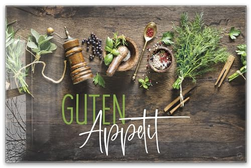 Herdabdeckplatte 80x52 cm einteilig aus 4mm ESG Glas | Kräuter& Gewürze auf rustikalem Holztisch, Guten Appetit | Herd Abdeckung Abdeckplatte Induktion Schneidebrett Glasplatte für Ceranfeld