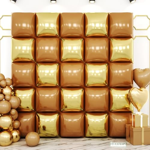 Brown and Gold Square Foil Balloon Wall,19 Inches Double Sided Square Balloons Tunnel Arch Kit for Bachelorette,Weeding,Baby Shower,Birthday,Anniversary,Party Decorations