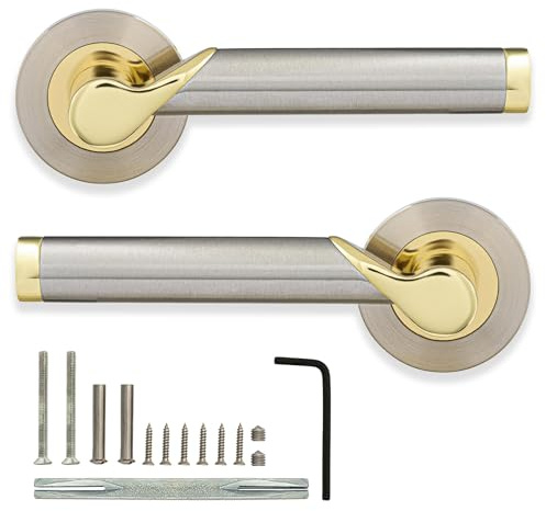 XFORT Enterprise Lever on Rose Door Handles, Internal Door Handle Sets, Lever Latch Door Handle, Interior Door Handles for Home & Office – Polished Brass/Satin Chrome Nickel Dual Finish