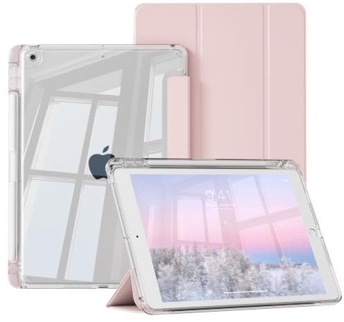 ZOPSGYU Coque pour iPad 9ème/8ème/7ème Génération 10.2 Pouces, Rose | Étui pour iPad 2021/2020/2019 avec Porte-Crayon, Légère à Trois Volets, PC Arrière Légère Transparent, Veille/Réveil Auto