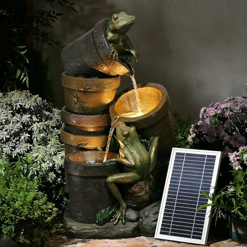 Solar Springbrunnen für Außen,3-stufiger Kaskaden-Frosch Kaskaden Solar Springbrunnen Gartenbrunnen mit LED-Beleuchtung für Drinnen und Draußen,Garten,Balkon,Terrasse,69×36.5×40cm