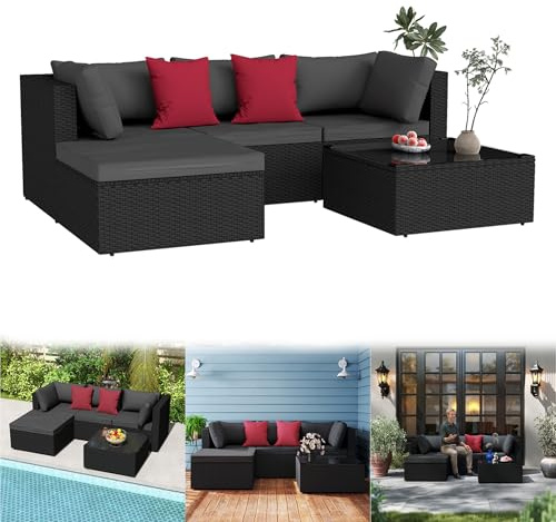 YRHome Polyrattan trädgårdsmöbler set för 4–5 personer – trädgårdslounge, hörnsoffa med soffbord, sidobord med sittdyna, trädgårdssoffa sittgrupp för balkong, terrass och trädgård, utomhus