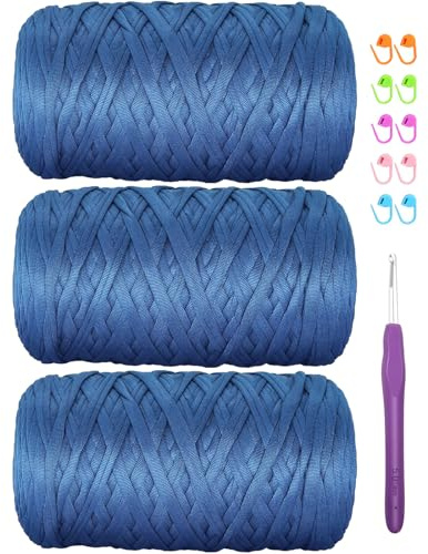 SIMEIQI 1200g T-Shirt-Garn (3x400g) Häkeln, dickes Spaghetti-Garn Blau | Elastisches Garn für DIY-Häkelprojekte wie Handtaschen, Körbe, Kissen und andere Heimdekoration