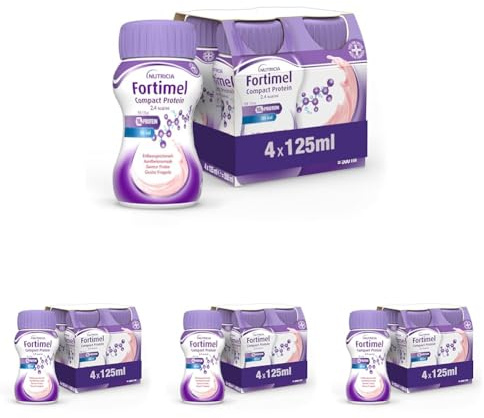 NUTRICIA FORTIMEL COMPACT PROTEIN - Supplemento Ipercalorico e Iperproteico Altamente Palatabile e Compatto, utile in caso di Malnutrizione, Alimento a Fini Medici Speciali, Gusto Fragola - 4 x 125ml