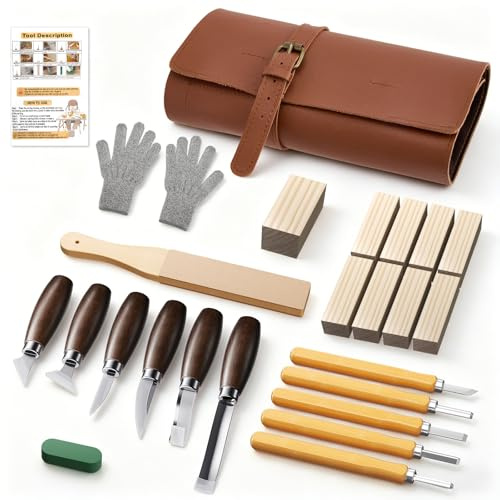 Wood Carving Kit for Beginners & Adults, 27 Pcs Whittling Set with 11 Carving Knives, 2 Chisels, 9 Poplar Wood Blocks, Walnut Wood Handles, Stainless Steel Tools