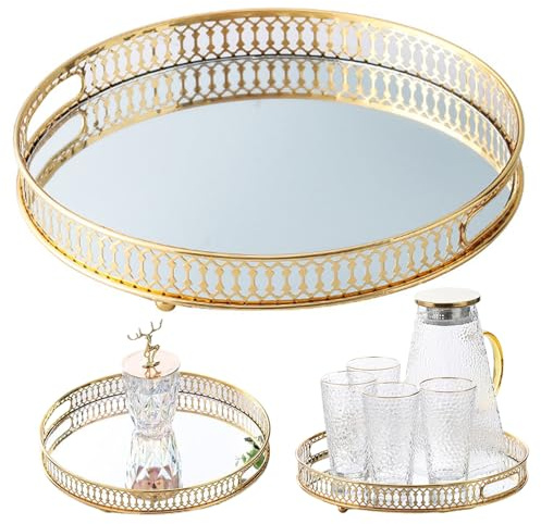 Vervevum spegelbricka, 32 cm dia. Rund spegelbricka i guld, dekorativ smyckesförvaring i metall, speglad makeup, smyckesförvaring för byrå, sovrum, heminredning, guld