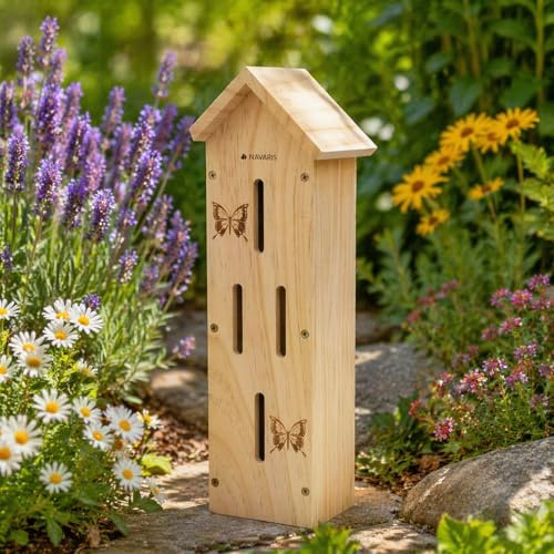 CKB LTD Refugio de madera para casa de mariposas, caja de mariposas de jardín natural, rústico, hábitat de insectos de vida silvestre, adorno decorativo de jardín al aire libre con techo inclinado
